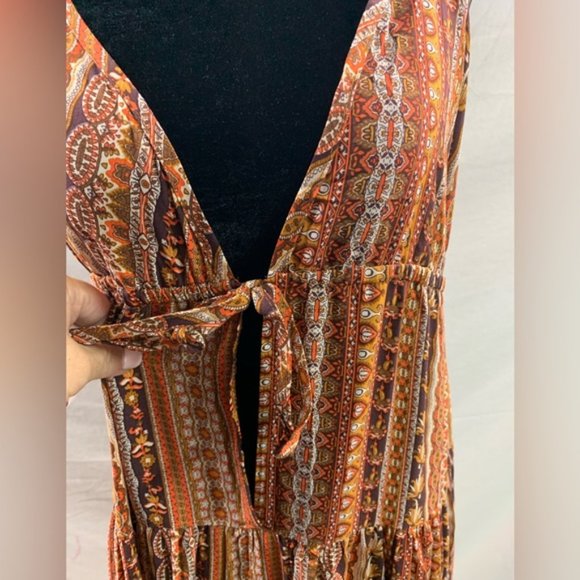 Boho Rust Tribal Print Split Thigh Tie Backless Dress - Picture 11 of 11